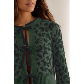 Women Leopard Bow Tie Front Cardigan Sweaters Long Sleeve Crewneck Cheetah Print Knit Cardigan Coats Casual Loose Outfits