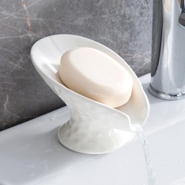 Self Draining Soap Dish, Leaf Shape Soap Dish,White Ceramic Soap Dishes for Bathroom Kitchen Shower Keeps Soap Dry, Easy to Clean(Gloss White)