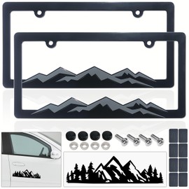 BGGTMO Mountain License Plate Frames- Gray on Black Mountain Raised, Plastic Car Tag Holder Bracket with Screws Caps, 2 Packs 2 Hole with Mountain Vinyl Sticker