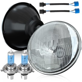 OQSNCV 7 Inch Crystal Glass/Metal Headlight Housing +H4/9003 Halogen Clear Light Bulbs Headlamp Pair…