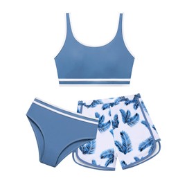 URMAGIC Girls 3 Piece Swimsuits Bathing Suit Cross Color Matching Bikini Set with Shorts Kids Surfing Beach Swimwear