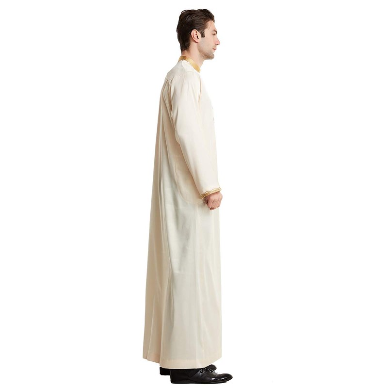 Men Arabic Long Sleeve Embroidery Thobe Stand Collar Kaftan Robe