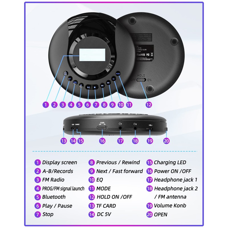 ARAFUNA Portable CD Player Bluetooth with FM Radio, 2000mAh Rechargeable