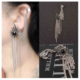 Yheakne Vintage Crystal Cup Chain Earrings Silver Dangle Chain Cuff Earrings Black Crystal Fringe Earrings Cartilage Helix Earrings Jewelry for Women Girls, Silver