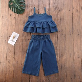BULINGNA Toddler Baby Girl Denim Outfit Sleeveless Layered Ruffle Hem Tank Top + Elastic Waist Jeans 2Pcs Clothing Set (Blue, 2-3T)