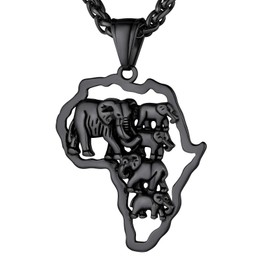 Black Africa Map with Elephant Pendant with Chain for Women Men Africa Travel Necklaces Egyptian Jewelry for African American