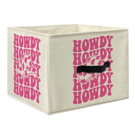 Knibeo Hot Pink Western Howdy Fabric Storage Bins for Shelves Closet, Trendy Preppy Western Cowgirl hat Collapsible Cube Baskets Organizer for Clothes Books Toys
