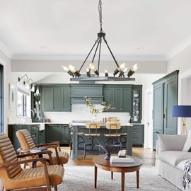 TANIN Black Wagon Wheel Chandelier, 10-Light Modern Farmhouse Chandeliers Light Black Industrial Chandelier Fixtures, Vintage Pendant Lighting Over Table for Dining Kitchen Island Bedroom Living Room