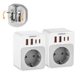 TESSAN Pack of 2 Foldable UK Adapter England Germany Plug, 5 in 1 Travel Adapter UK with 2 USB C and 2 USB A, Socket Adapter England for Scotland Ireland London, Travel Plug Adapter Type G