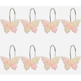 YOINIUEM 12 Pack Glitter Pink Butterfly Shower Curtain Hooks - Decorative Floral Butterfly Bathroom Curtains for Girls Room Bathroom