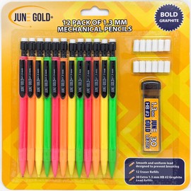 June Gold 12 Mechanical Pencils, 1.3 mm HB #2 Graphite Lead, 1 Dispenser/w 30 Refills & 12 Refill Erasers, Break Resistant, Hexagon Barrel