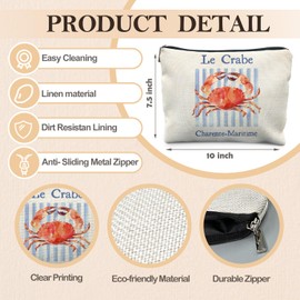 RYYCDOI Vintage Crab Beach Makeup Bag, Crab Lovers Gifts Cosmetic Bags for Women, Gifts for Beach Ocean Lovers, Retro Blue Stripes Seafood Aesthetic Zipper Makeup Pouch
