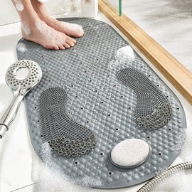 MOLFUJ 32"X16" Foot Scrubber Shower Mat with Feet Scrub Stone, Oval Bathtub Mat with Antislip Suction Cups and Drain Holes, Non Slip with A Pumice Stone for Feet Massage - Grey