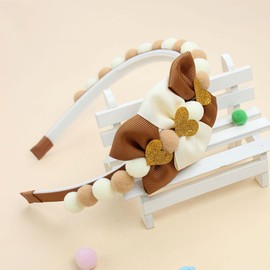 HIFANMM Brown Bow Headband Spring Summer Hair Accessories for Girls Women, Cute Bows Glitter Hearts Hair Band Non Slip Headbands Summer Outfit Party Supplies Decoration