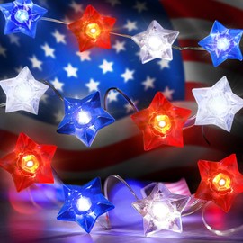 Aogist 50LED Independence Day Fairy Lights - 16ft Super Bright 3D Red White Blue Stars 4th of July String Light Battery Operated Decor for Indoor/Outdoor Party Home Yard Tree Decor
