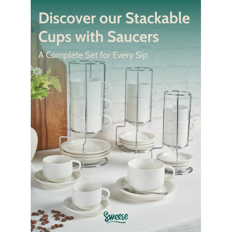 Sweese Porcelain Espresso Cups Set, 4 oz Stackable Cups with