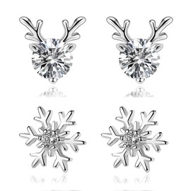 Silver Christmas Earrings Studs, Silver Christmas Stud Earrings for Women Girls Kids, Hypoallergenic Earrings Snowflake Earrings Set Xmas Gifts for Daughter Diamond Earrings Jewellery Gift