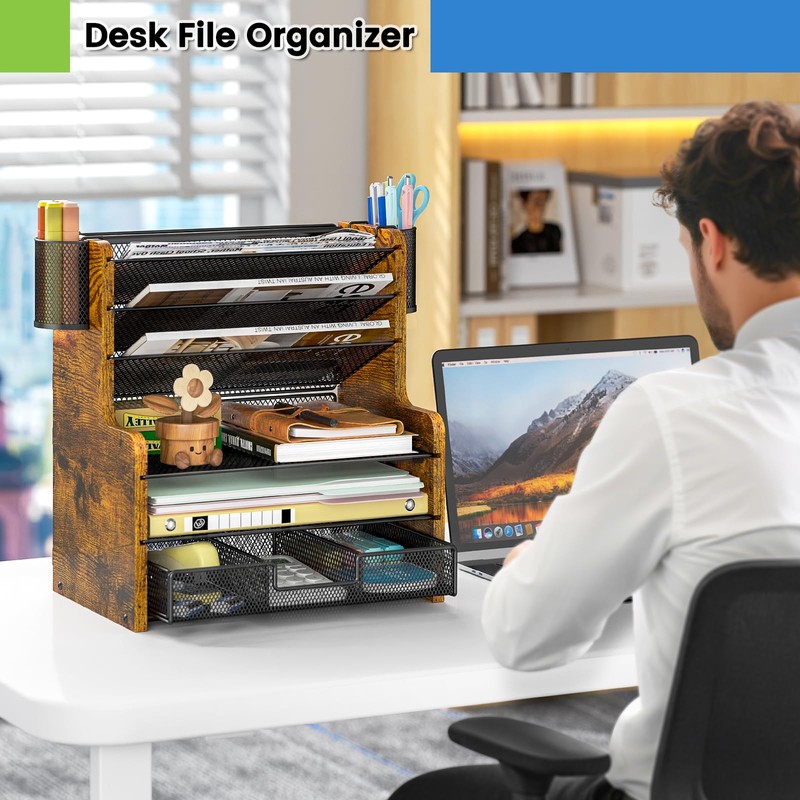 DAOUTIME 6-Tier Mesh Desk Organizer with Drawer, Wooden Office Organizer