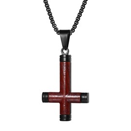 OIDEA Wooden Inverted Cross Necklace for Men: Black Gothic Stainless Steel Crucifix Pendant Upside Down Cross Necklace Satan Jewelry Amulet Jewelry Gifts