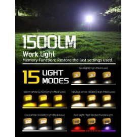 Keadeso 2Pack Magnetic Work Light, 1500LM led Work Light, 4000mAh Rechargeable Work Light with 360°Rotating Magnetic Stand & Hook, 15 Modes, Magnetic Flashlight for Car Repairing/Emergency/Camping