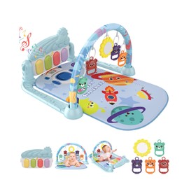 dearlomum Baby Gym Play Mat with 4-Key Musical Piano Play Activity Center with Hanging Toys Tummy Time Mat for Infants and Toddlers Lights Sounds and Sensory Development (Blue Space Theme)