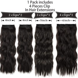 Black Brown Clip in Hair Extensions, Clip in Long Wavy Synthetic Hair Extension,Soft,for Women(4pcs, 24 Inch）