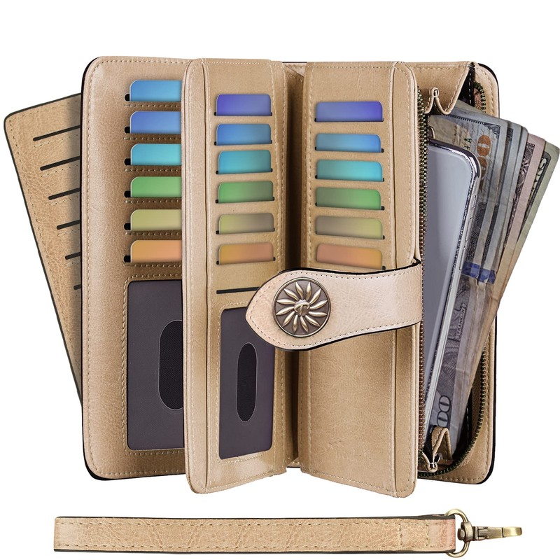 Travelambo Womens Wallet Large Capacity RFID Blocking Genuine Leather Wristlet