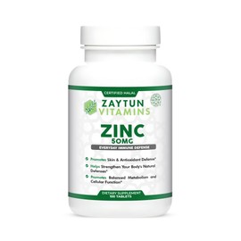 Zaytun Vitamins Zaytun Halal Zinc 50 mg Supports Immune Health and Healthy Skin, Antioxidant, One Per Day, US Made, 100 Tablets