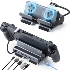Sanwa Direct 400-HUBCP19GM Steam Deck/Switch/Rog Ally Compatible, USB-C Docking Station with Silent Cooling Fan, 6 in 1 4K HDMI/USB-A x2/USB-C/LAN/100W, PD Compatible, USB-C L Adapter Stand, Dock