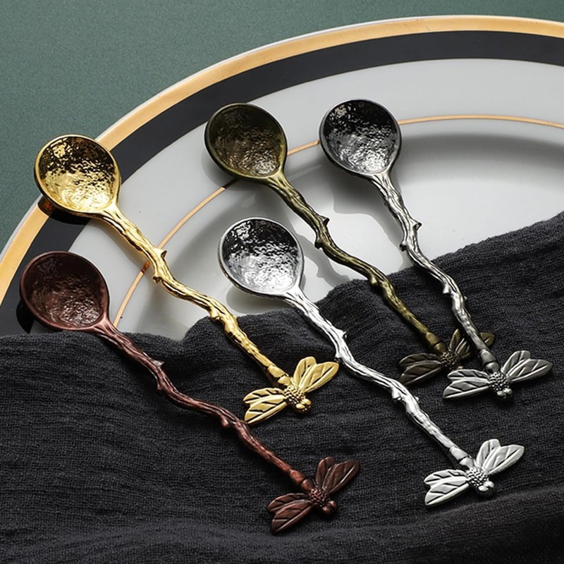 Gold Retro Dragonfly Coffee Spoon Teaspoon Stainless Steel Tableware Creative