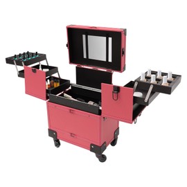 SNKOURIN 3 in 1 Rolling Makeup Train Case, Multi-functional Cosmetic Train Case Large Trolley Storage Case, Salon Barber Case Traveling Cart Trunk for Cosmetologist Nail Tech Hairstylist, Pink