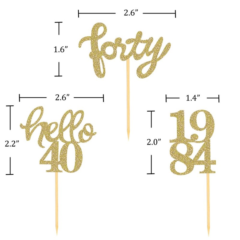 Decoraciones para cupcakes de 40 cumpleaños con purpurina dorada, juego