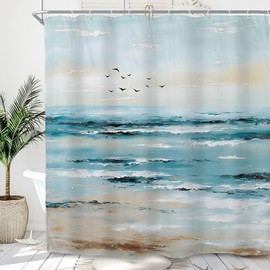SVBright Abstract Beach Shower Curtain 72Wx72L Inch Beachy Coastal Teal Blue Summer Ocean Sea Oil Painting Seagull Hawaii Nature 12 Pack Hooks Polyester Waterproof Fabric Bathroom Bathtub Panels