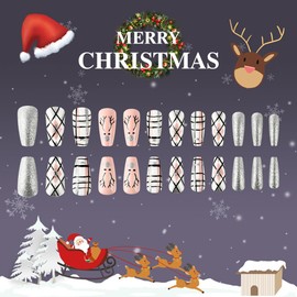 Christmas Elk Plaid Press on Nails Short Square Fake Nails Winter Xmas Silver Glitter Snowflake with Design Black White Pink Glossy False Nails Christmas Glue on nails Acrylic Nails for Women 24Pcs