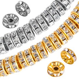 Ouligay 400pcs Rondelle Spacer Beads for DIY Crafts, 8mm Gold & Silver Bead Spacers, Rhinestone Beads for Jewelry Making