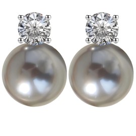 WARIDAR 12mm Tahitian Platinum Grey Faux Pearl Stud Earrings with 6mm Cubic Zirconia Inlay, Hypoallergenic Lightweight Earrings for Women