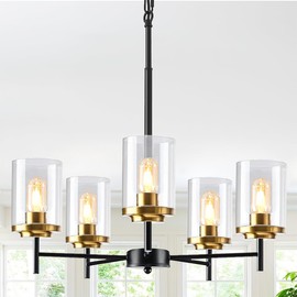 YUEMZS Modern Farmhouse Chandeliers, 5-Light Black and Gold Chandelier for Dining Room Light Fixtures Over Table, Kitchen Island Lighting Industrial Chandelier for Living Room Entryway Foyer