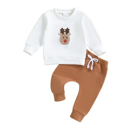 Lucikamy Toddler Baby Boy Girl Christmas Outfits Print Long Sleeve Tops Jogger Pants Sets Infant Xmas Fall Winter Clothes (Brown-White, 0-6 Months)