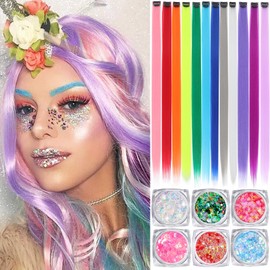 Colored Hair Extensions, 22 Inch Straight Clip in Hair Extension Body Face Hair Glitter Multi Color Rainbow Pink Red Hairpiece Extensions for Kids Girls Women (Glitter+12 color)