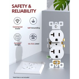 AIDA Duplex Receptacle Wall Outlet, 20Amp 125V Wall Outlet, Residential, 3-Wire, Self-Grounding, UL Listed, Side Wire Only, White (10 Pack)