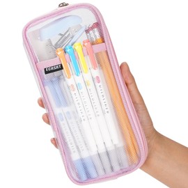 ECHSRT Mesh Pencil Case for Girls With Zipper, Grid Clear Pencil Pouch for Kids Students Teens Boys Adults, Small Transparent Pen Bag for School Office Travel, Pink