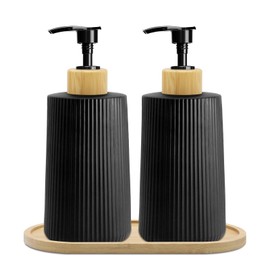 2 Pack Glass Small Soap Dispenser with Tray for Bathroom and Kitchen 250ml/8.5oz Dish Soap Dispenser Modern Farmhouse Striped Style Hand Soap Dish Soap Dispenser with Pump (Black)