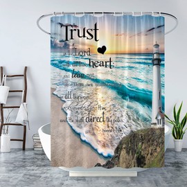 Inspirational Quote Shower Curtain Trust in The Lord with All Thine Heart Motivational Words Ocean Lighthouse Beach Nautical Coastal Scenery Fabric Bath Curtain with Hook