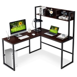 Tangkula Reversible L-Shaped Desk with Hutch, Space Saving Corner Computer Desk with Storage Shelves, Home Office Study Writing Desk Computer Workstation with Storage Bookshelf, Gaming Desk