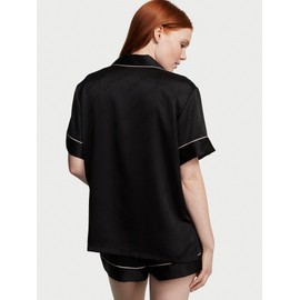 Victoria's Secret Satin Pajama Set, Short Sleeve Button Down & Shorts, Pajamas for Women, Black, M