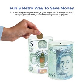 Direct Mart Money Savings Tin, Compact Cash Tin with Note & Coin Slot Opening, Tin Cans Durable Metal, Piggy Bank for Kids & Adults, Keyless Coin Bank(£5,10,20 & 50)Multicolor 15x10x10 cm Assorted 1pk
