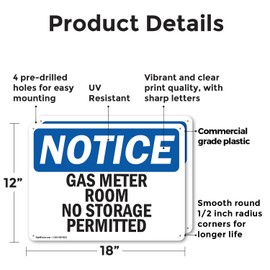 (2 Pack) Gas Meter Room No Storage Permitted OSHA Notice Sign 18 Inch X 12 Inch Plastic Sign, Weather Resistant, UV Protected for Workplace, Business, and Construction Site, Made in the USA