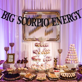 Big Scorpio Energy Banner, decoración de cumpleaños de Escorpio, 12 constelaciones del zodiaco decoración de fiesta temática de cumpleaños (purpurina negra)