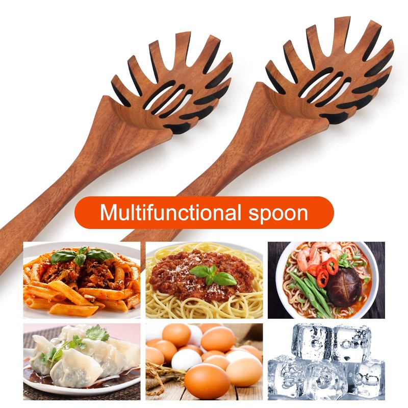 Wooden Pasta Spoon with Teeth Spaghetti Fork Tongs 12.5 Inch