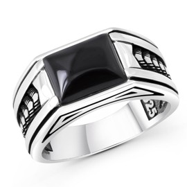 Chimoda Sterling Silver Rings for Men with Arrow Pattern, Anillos para Hombre, Mens Rings with Gemtone, Handmade Sterling Silver Rings with Onyx Gemstone (Onyx-sz12)